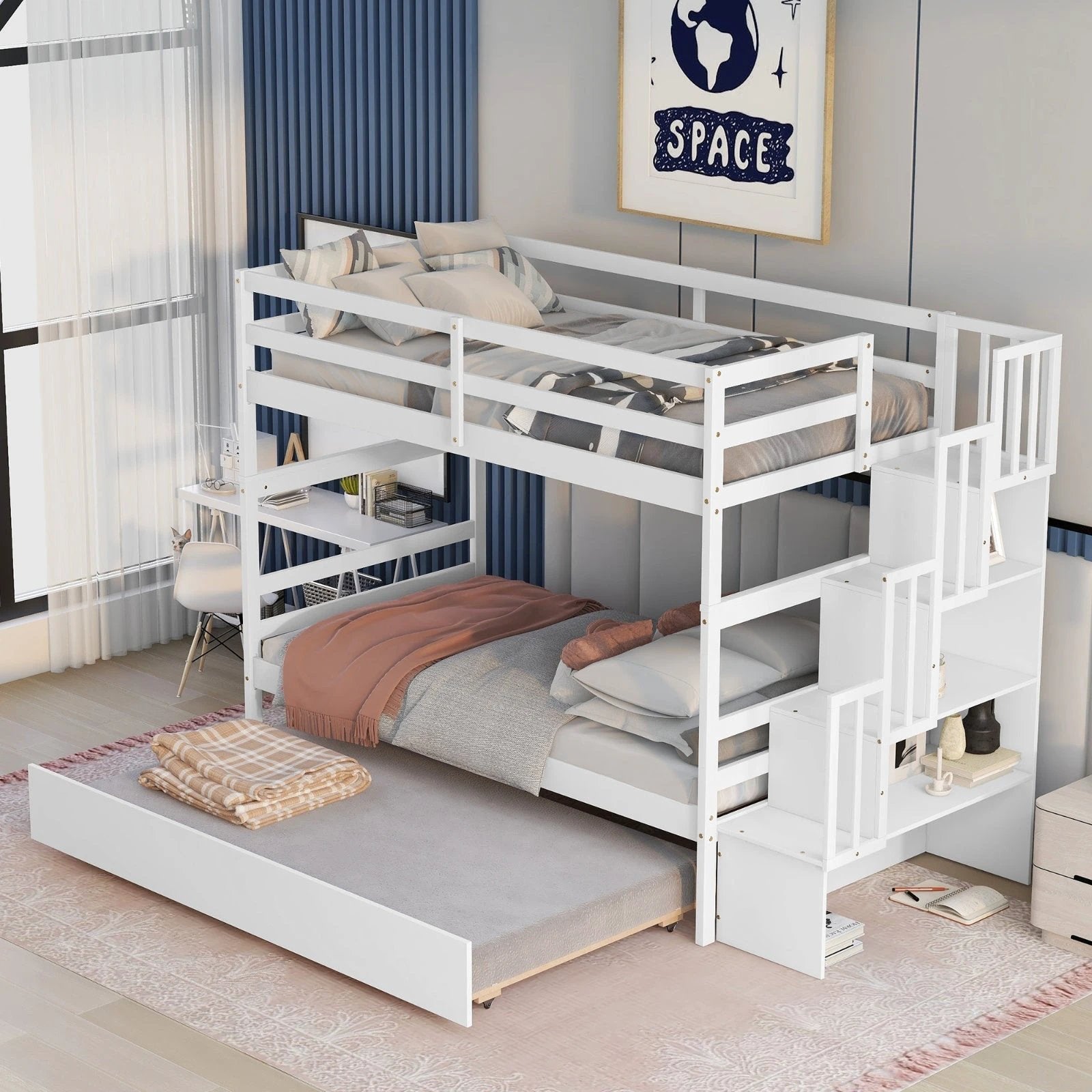 Twin Bunk Beds With Trundle & Stairway Storage In White by GJG Denim