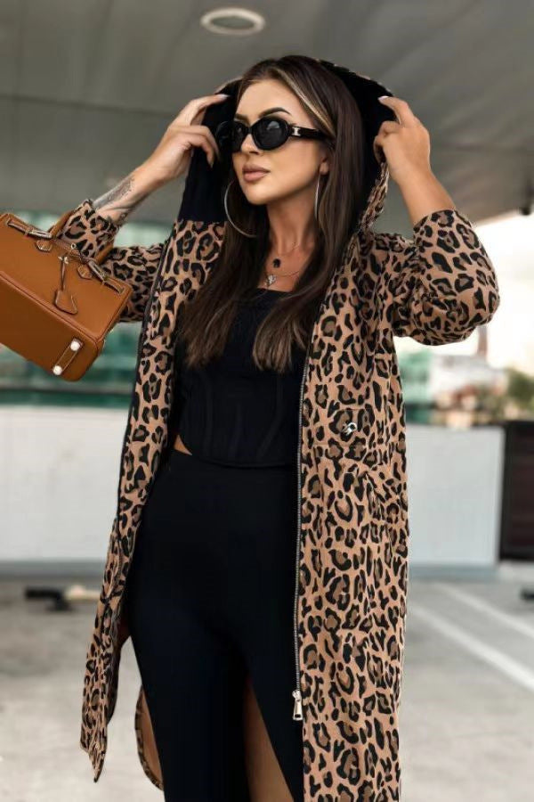 Women's Long-sleeved Hooded Printed Trench Coat
