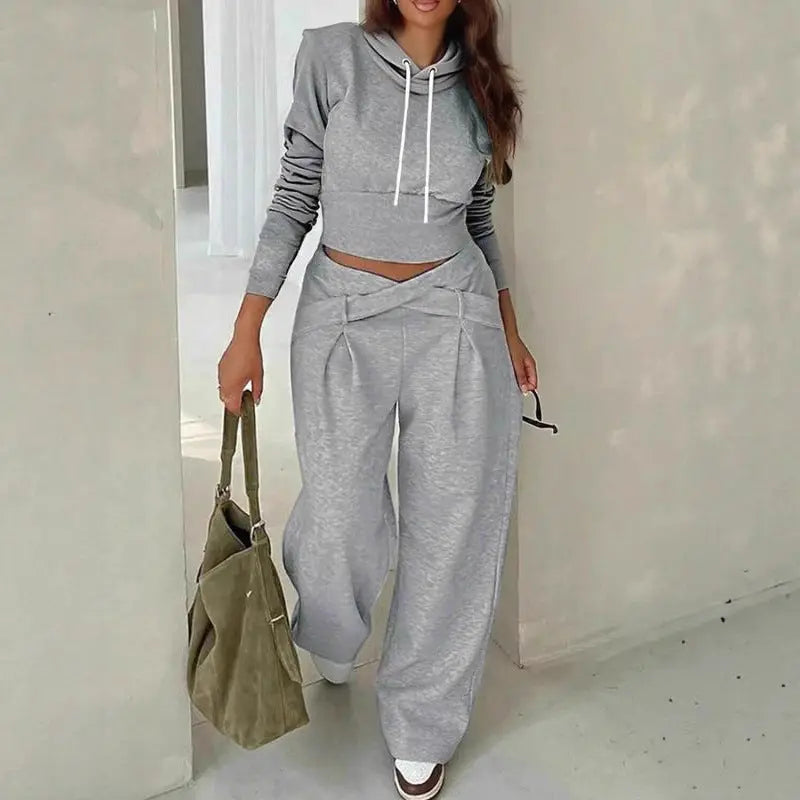 Hoodie With A Crossover Waist Design And Matching Solid-color Pants A Two-piece Set by GJG Denim