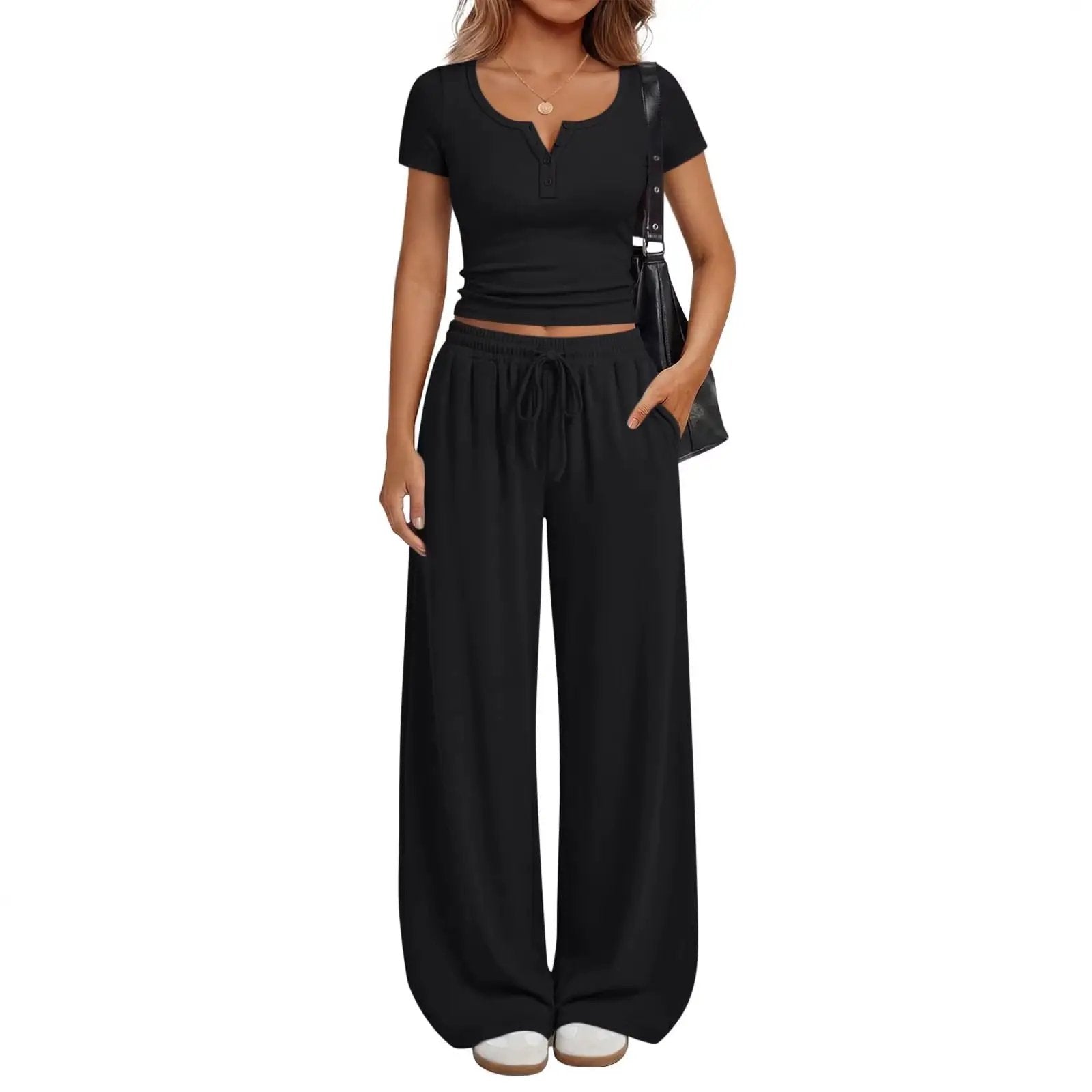 Women's Loungewear Short-Sleeve Top And Wide-Leg Pants Set by GJG Denim