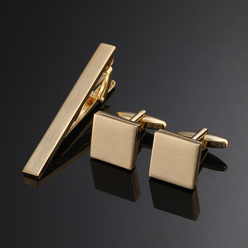 Gold Silver Black Square Brushed Tie Clip And Cufflinks