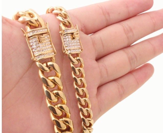 8-18mm Wide Stainless Steel Cuban Chain CZ Zircon Box Lock Necklace