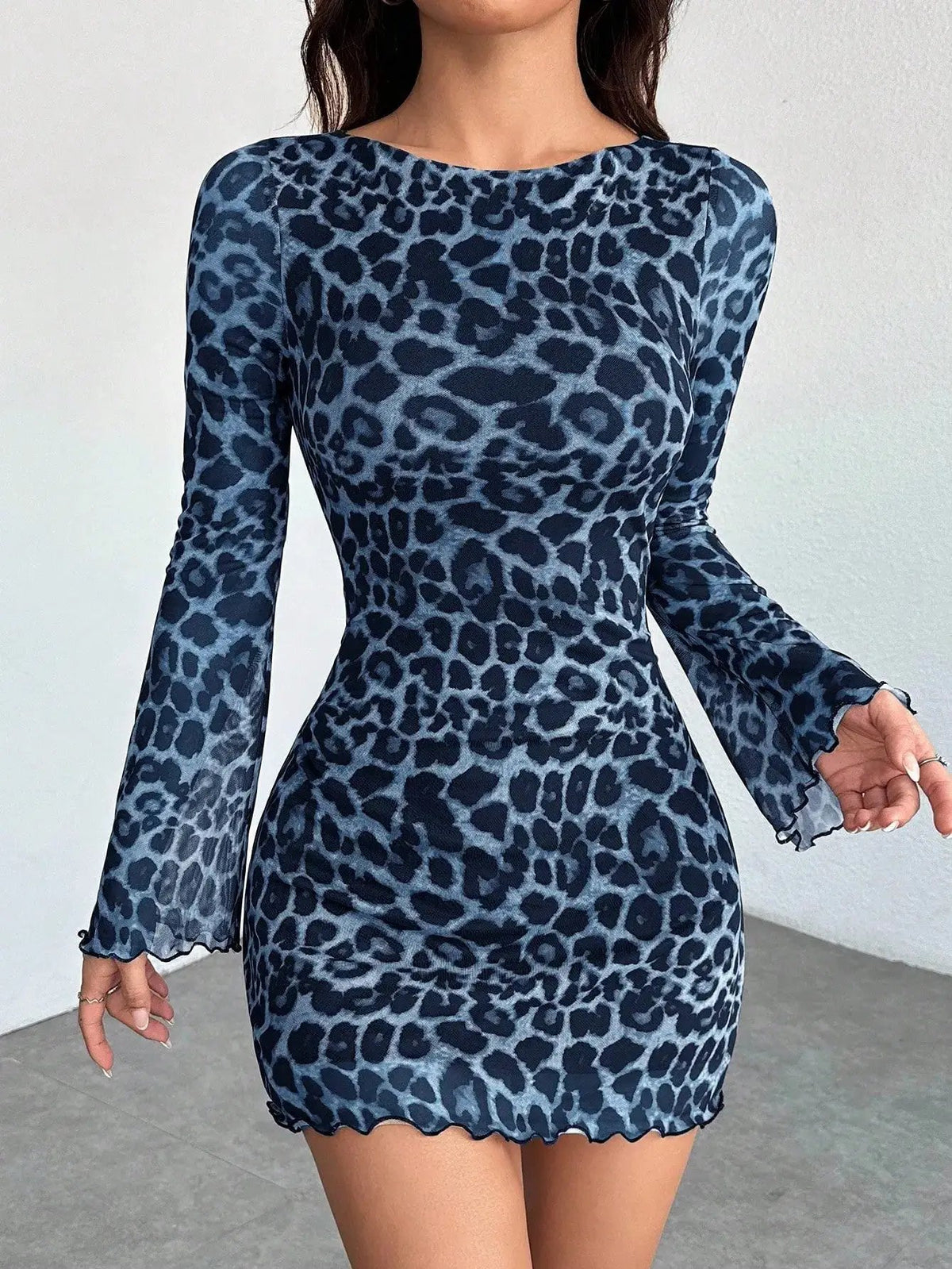 European And American Women's Clothing Leopard Print Round Neck Long-Sleeved Dress Elegant Mesh Short Skirt Vacation Seaside Dress by GJG Denim
