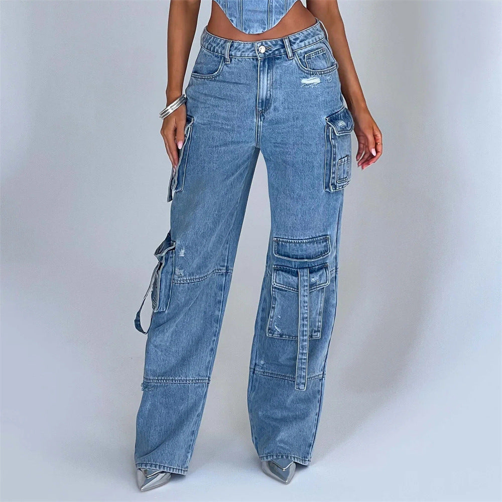 Tube Top And Pocket Stitching Jeans Pants