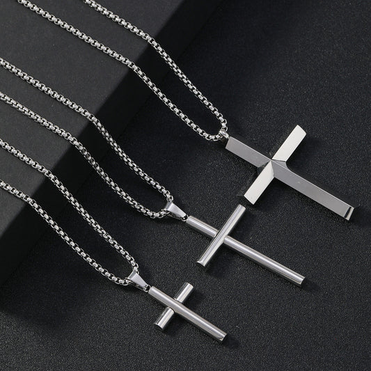 Round Large Beveled Cross Necklace Titanium Steel For Men