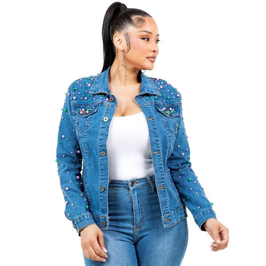 Pearls Rhinestone Medium Denim Jacket PG