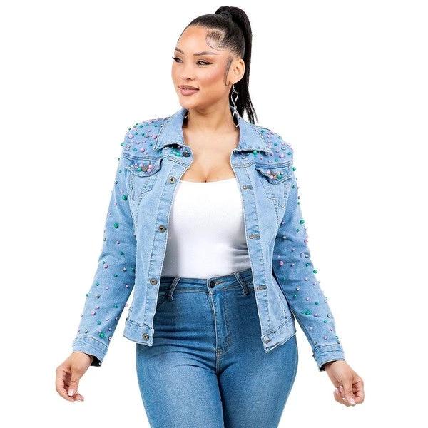 Pearls Rhinestone Light Denim Jacket Pink Green by Coco’s Tee Boutique