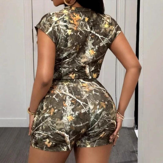 Women's Loose Casual Drawstring Branch Camouflage Printing Shorts by GJG Denim