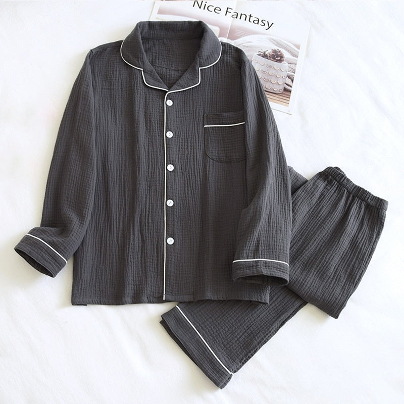 Men's Loose Double-layer Gauze Cotton Long Sleeve Pajamas