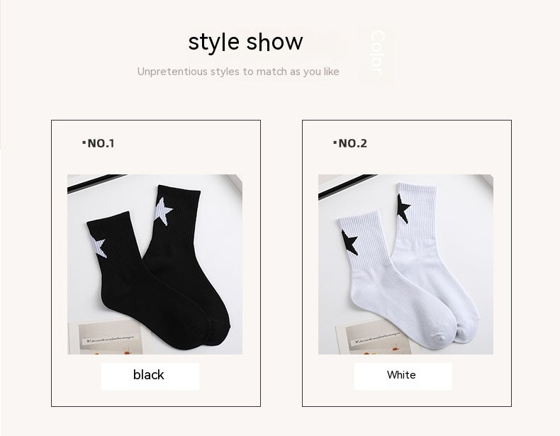 Black And White Five-pointed Star Tube Socks Breathable Sports Socks For Men