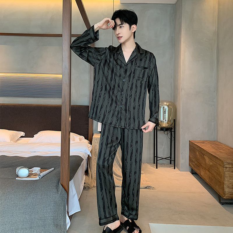 Men's Silk Pajamas V-neck Long Sleeve Two-piece Set