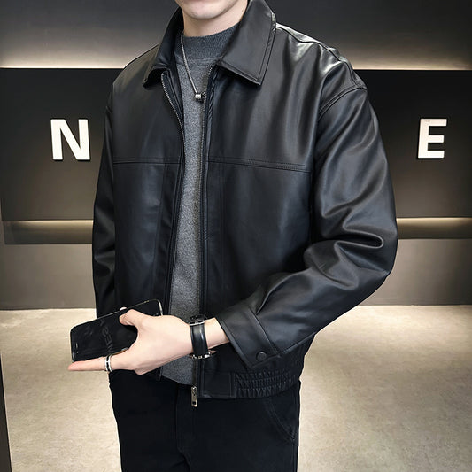 Men's Slim-fit Trendy High-grade Pu Shuai Motorcycle Retro Leather Coat