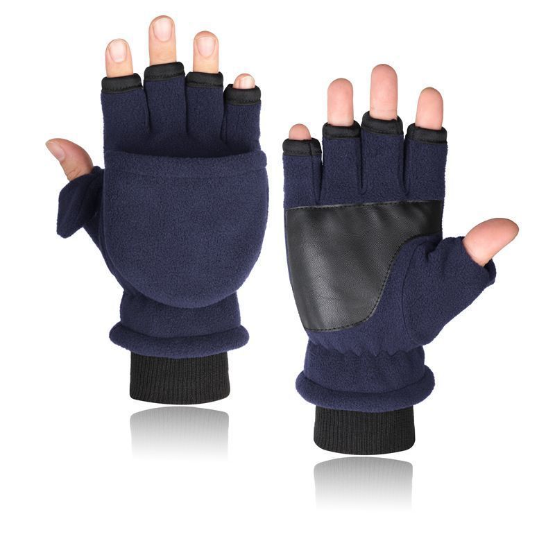 Men's Double-layer Velvet Flip Touch Screen Half Finger Gloves