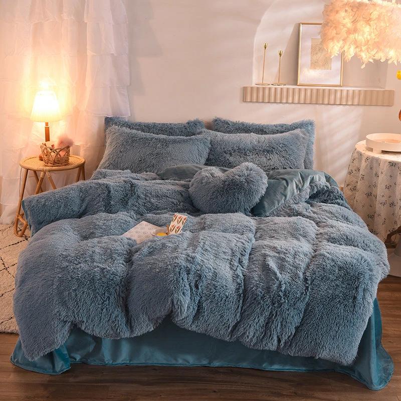Luxury Thick Fleece Duvet Cover Queen King Winter Warm Bed Quilt Cover Pillowcase Fluffy Plush Shaggy Bedclothes Bedding Set Winter Body Keep Warm by GJG Denim