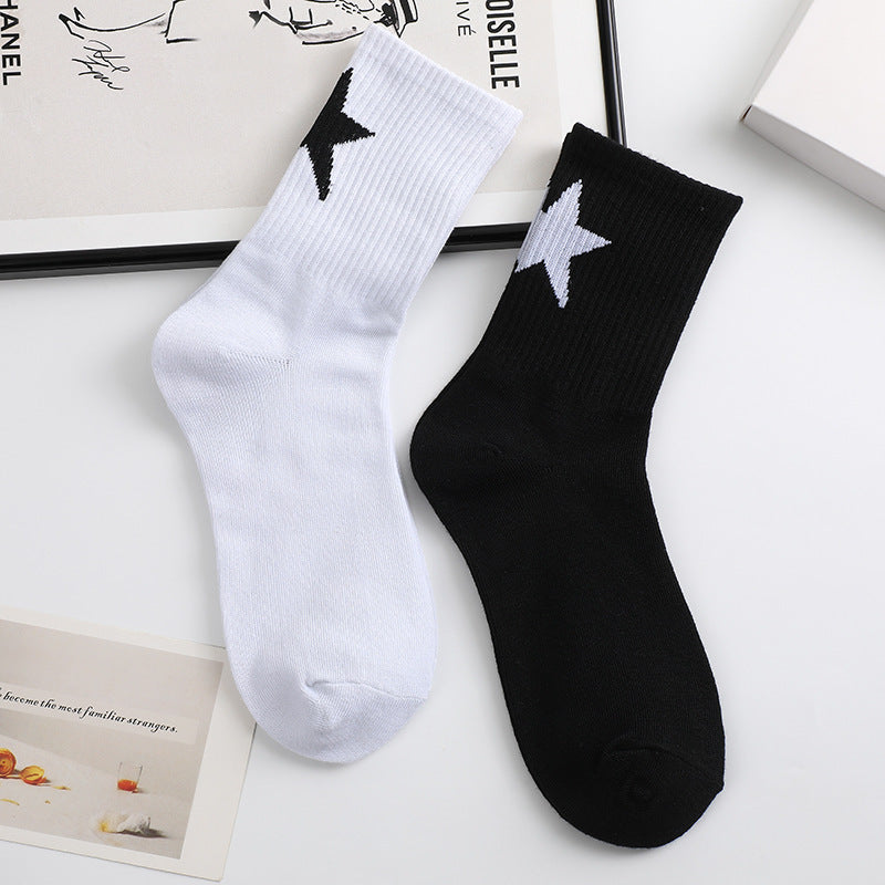 Black And White Five-pointed Star Tube Socks Breathable Sports Socks For Men