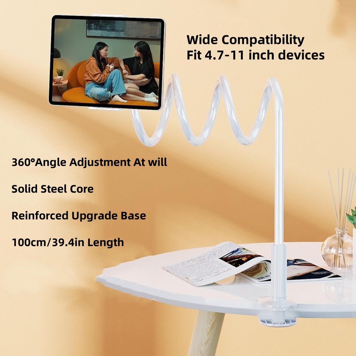 Updated Gooseneck Tablet Holder Stand For Bed 39.4inch Adjustable Flexible Arm Tablets Mount Clamp On Table
