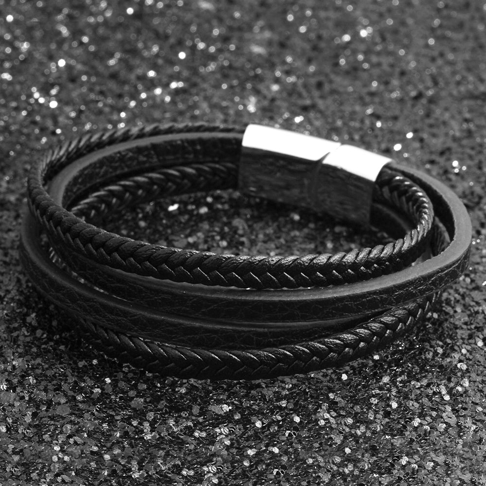 Stainless Steel Faux Leather Braided Rope Magnetic Clasp Bracelet For Men