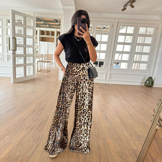Fashion Leopard Print Sequined High Waist Straight Slim Fit Casual Trousers