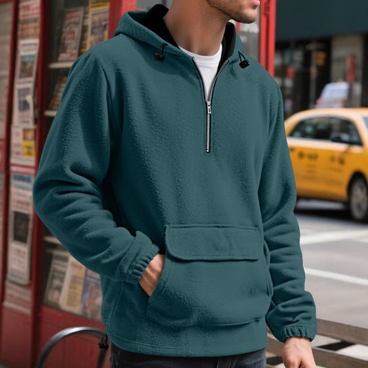 Men's Padded Fleece Solid Color Half Zip Hooded Pullover Sweater