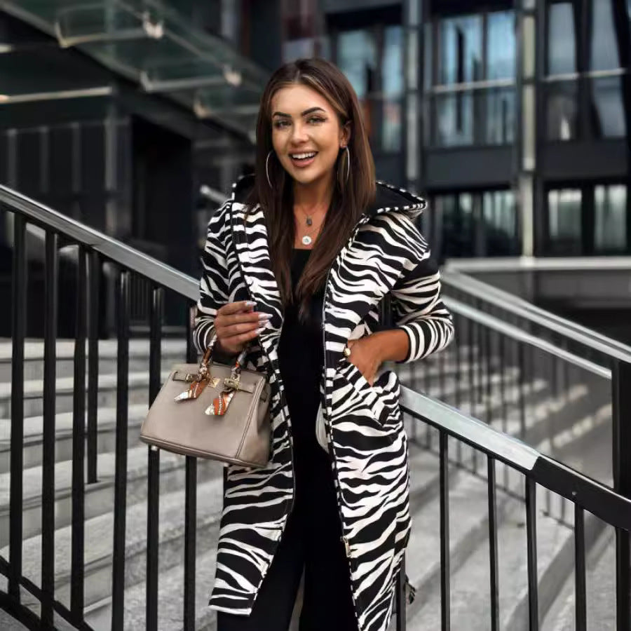 Women's Long-sleeved Hooded Printed Trench Coat