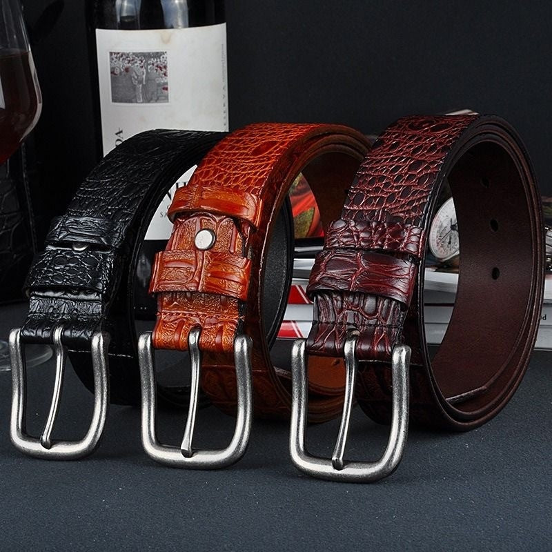 Men's Leather Crocodile Pattern Vintage Pin Buckle Belt