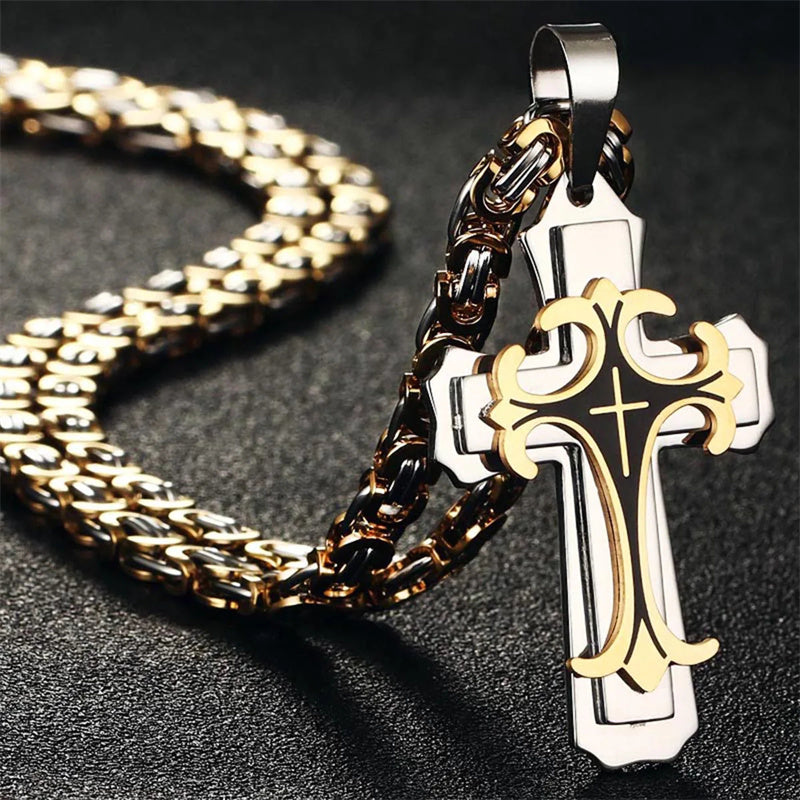 Christian Trinity Latin Cross Necklace For Men Stainless Steel Three Layers