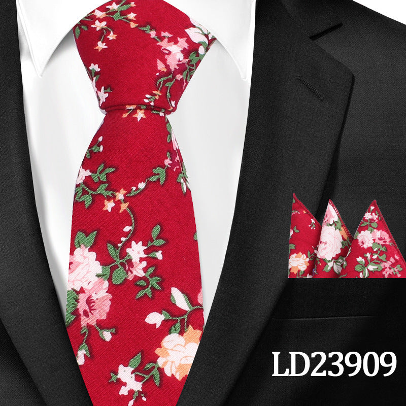Men's Casual Cotton Floral Print 6cm Tie and Pocket Square