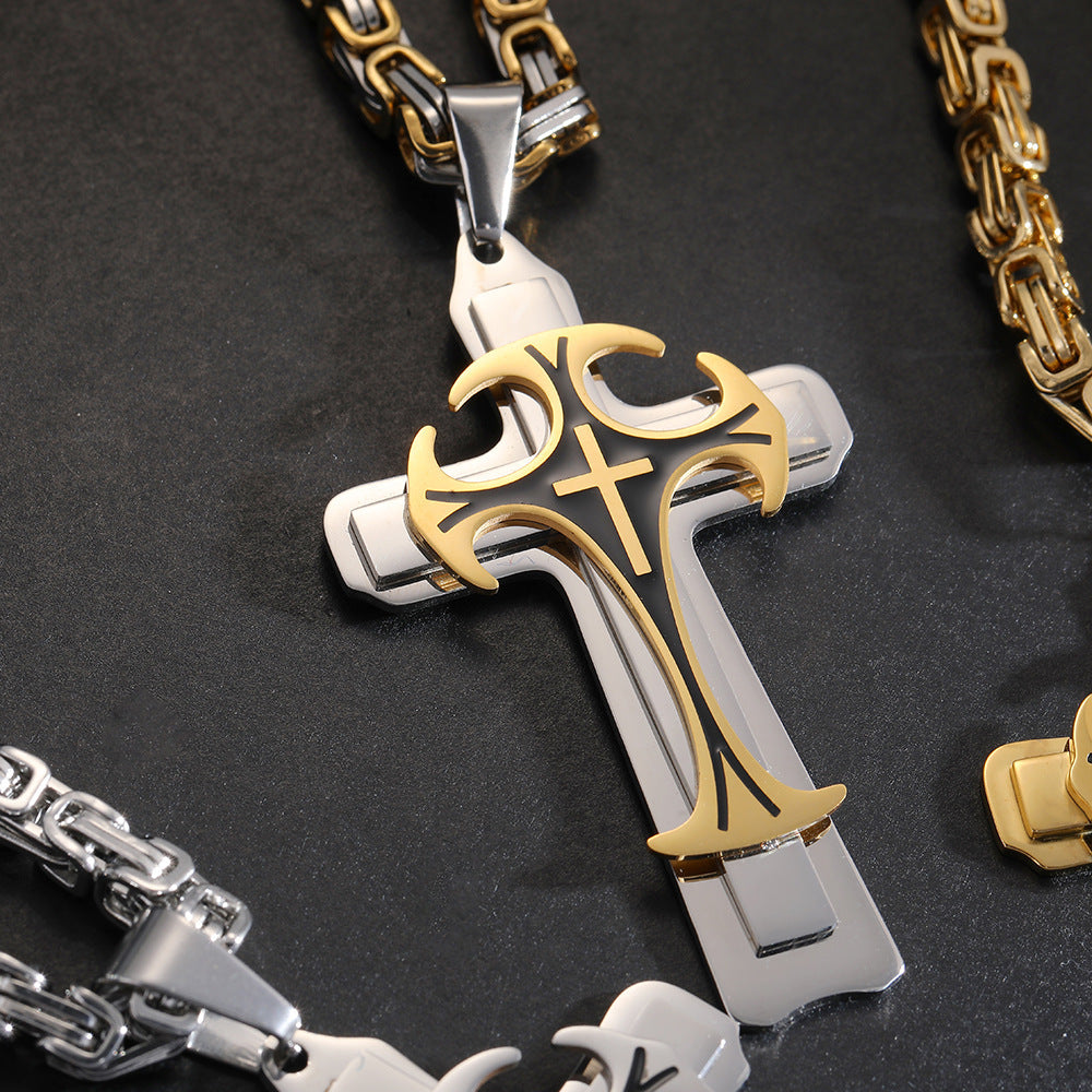 Christian Trinity Latin Cross Necklace For Men Stainless Steel Three Layers