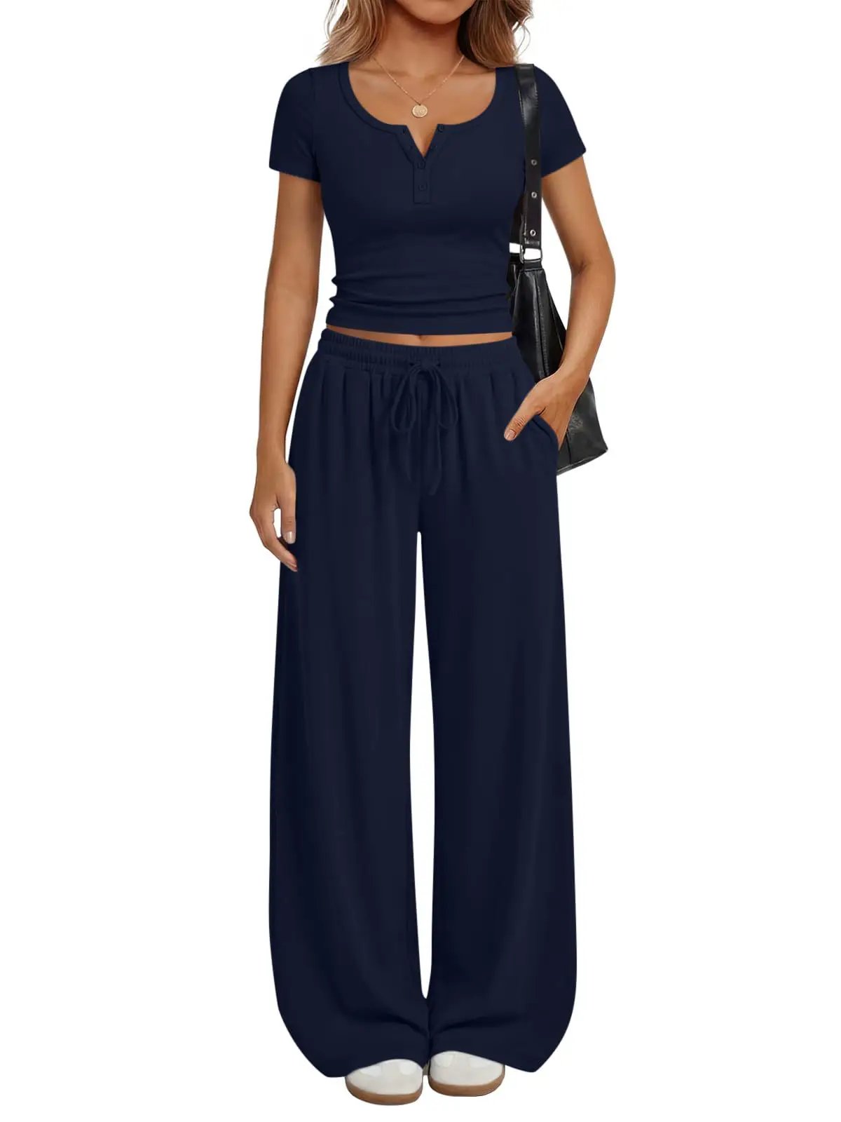 Women's Loungewear Short-Sleeve Top And Wide-Leg Pants Set by GJG Denim