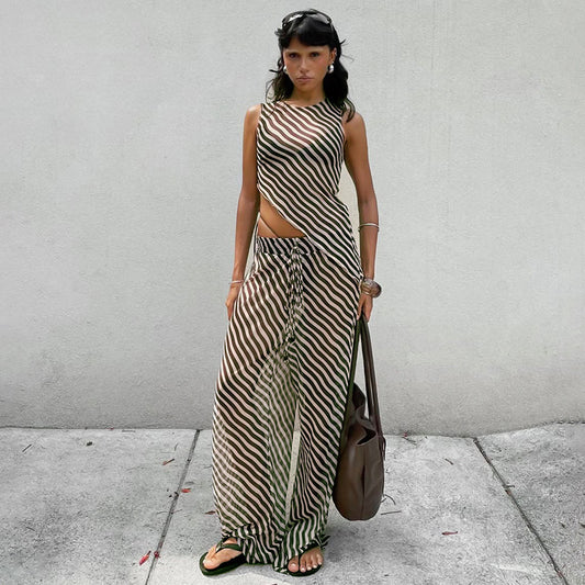 Women's Sleeveless Diagonal Stripes See-through Irregular Top Suit