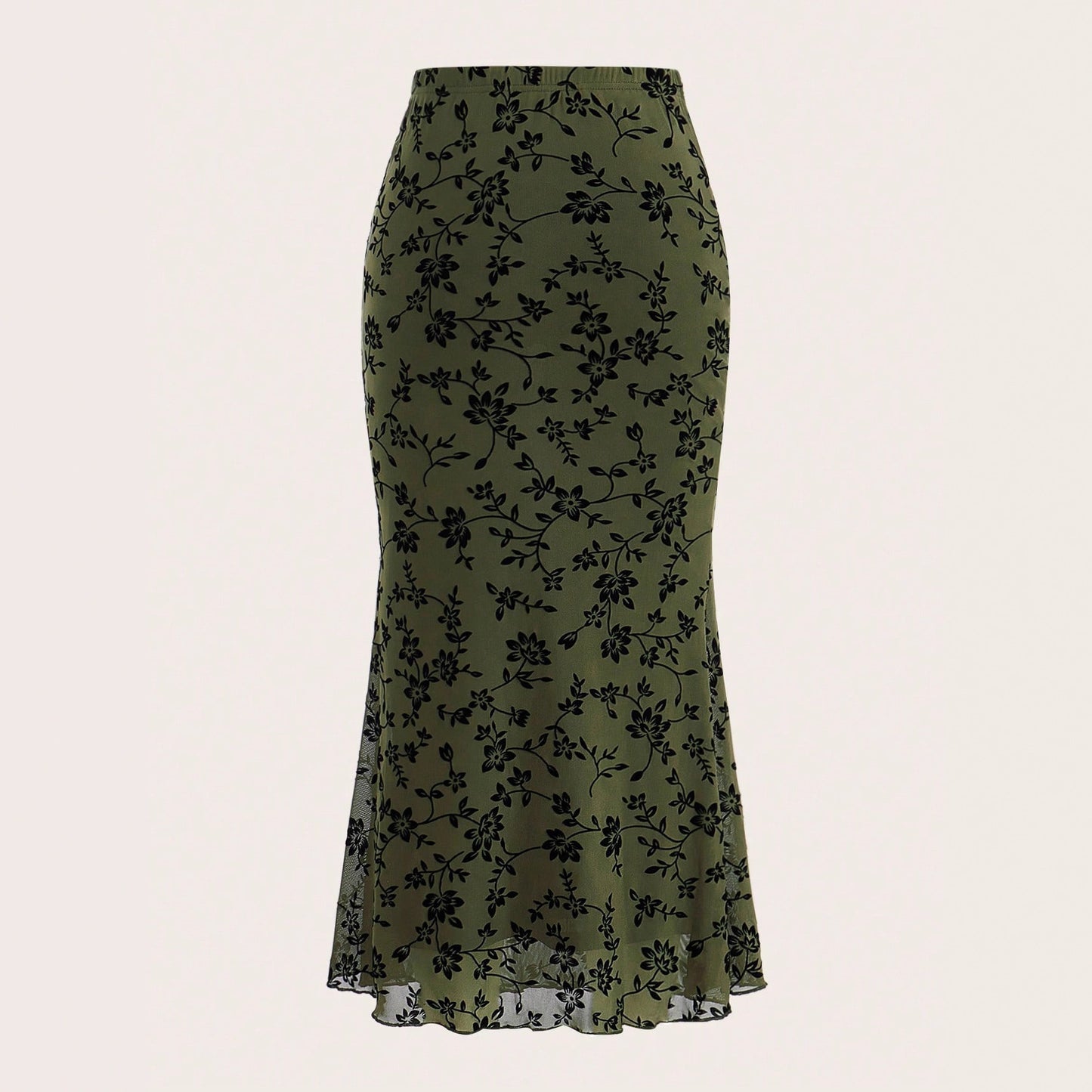 Dark Green Floral Half-length Fishtail Skirt For Women