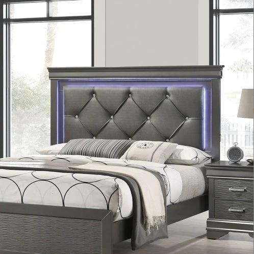 Dark Gray Faux Leather Tufted Headboard 1pc Queen Size Bed W LED Bedroom Furniture Gray Unique Texture FB Solid Wood by GJG Denim