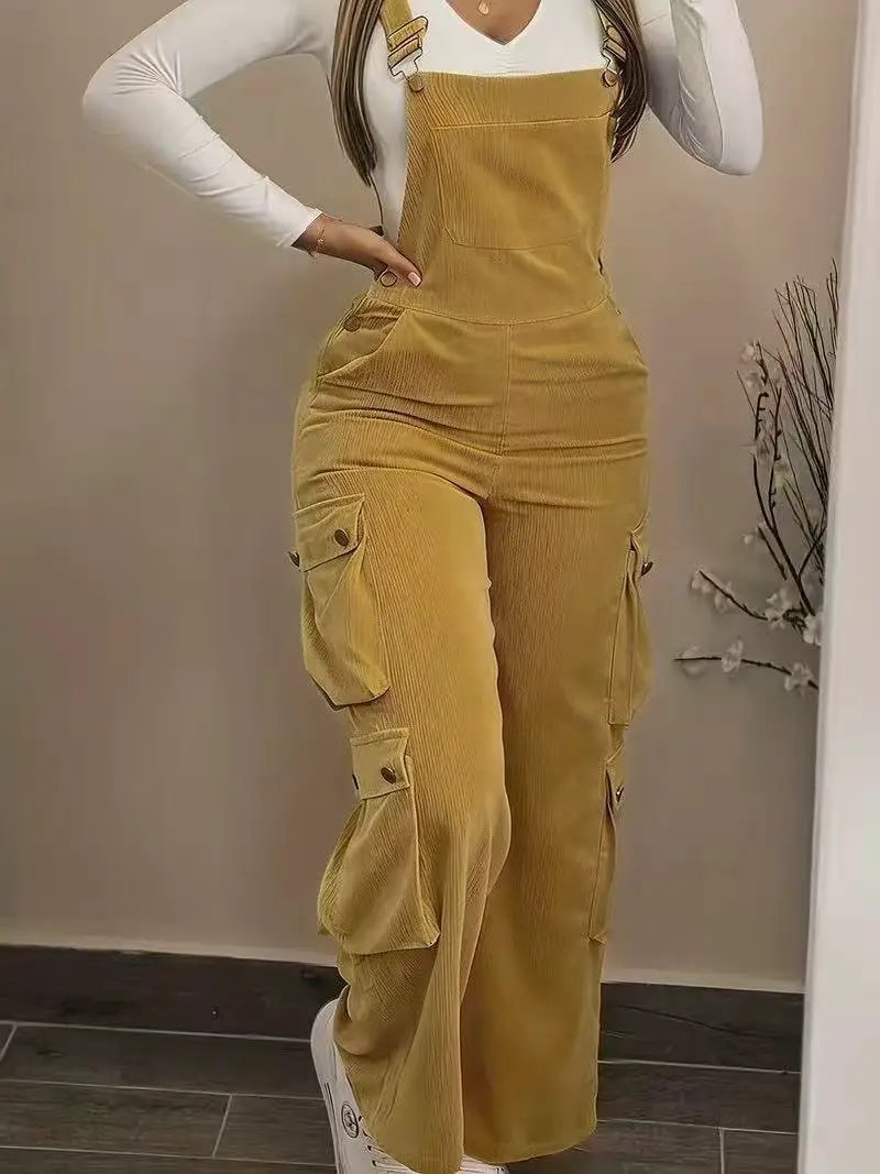 Women Casual Multi Pocket Corduroy Overalls Jumpsuits Straight Leg Cargo Pants by GJG Denim