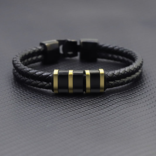 Black Leather Braided Stainless Steel Bead Bracelet For Men