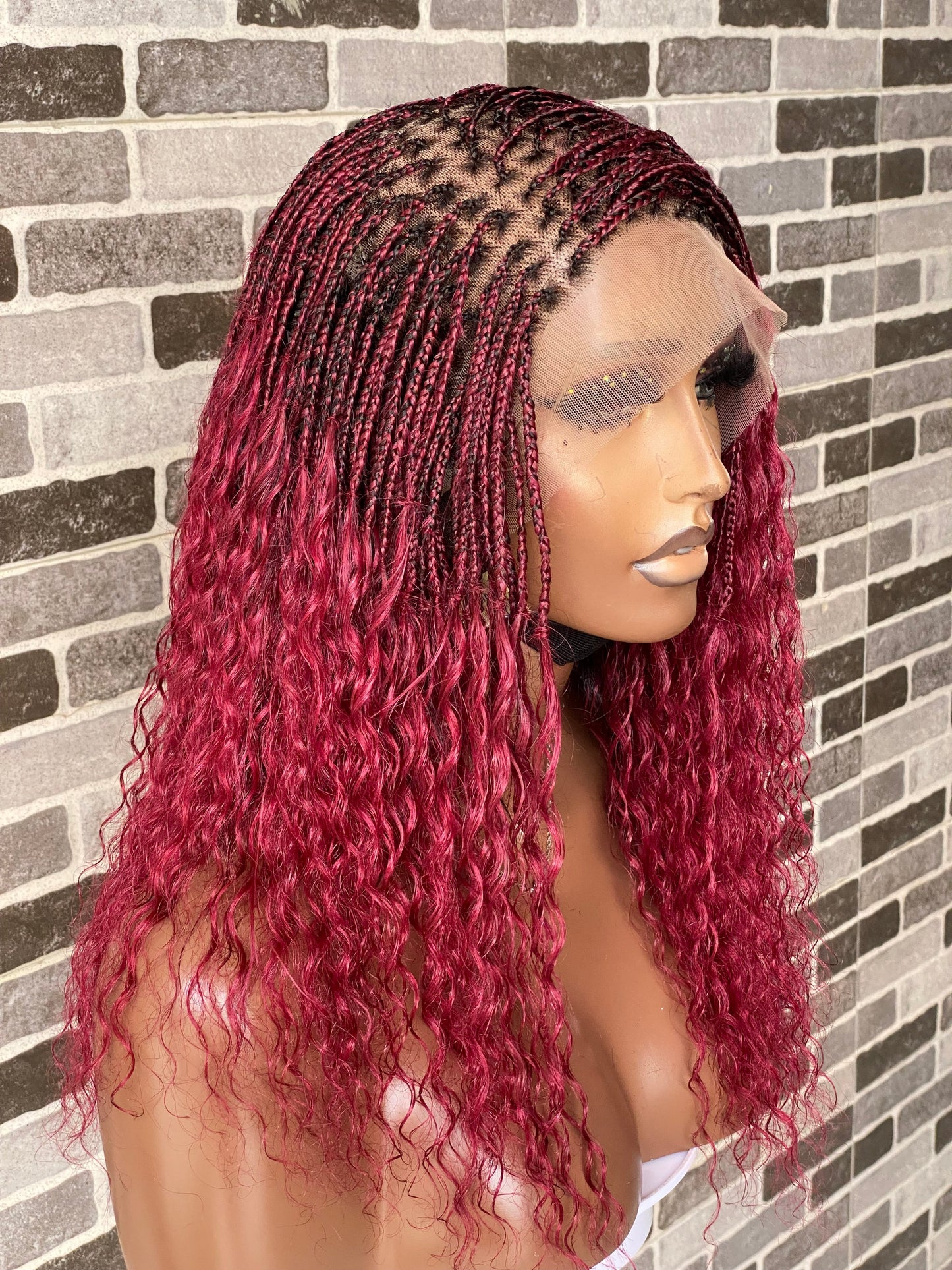 Wet And Wavy 100% Human Hair Knotless Braid Wig, HD Full Lace, Burgundy