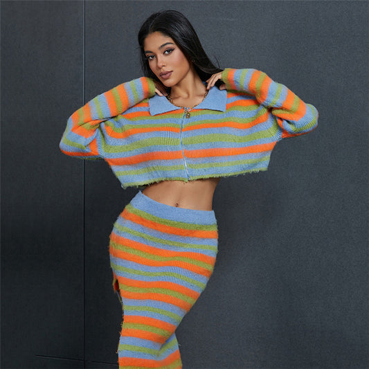 Stripe Sweater Crop Top Matching Long Skirt Split