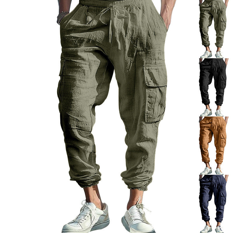 Men's Casual Ankle-tied Multi-pocket Tether Solid Color Loose Pants