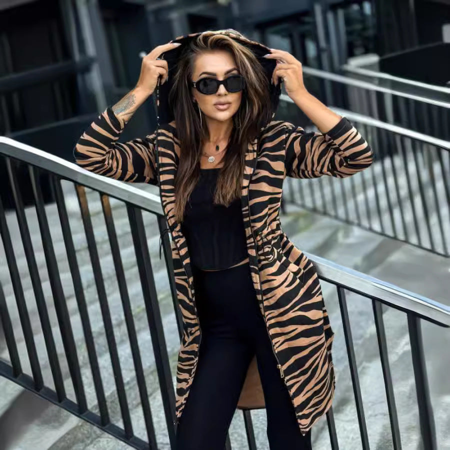Women's Long-sleeved Hooded Printed Trench Coat