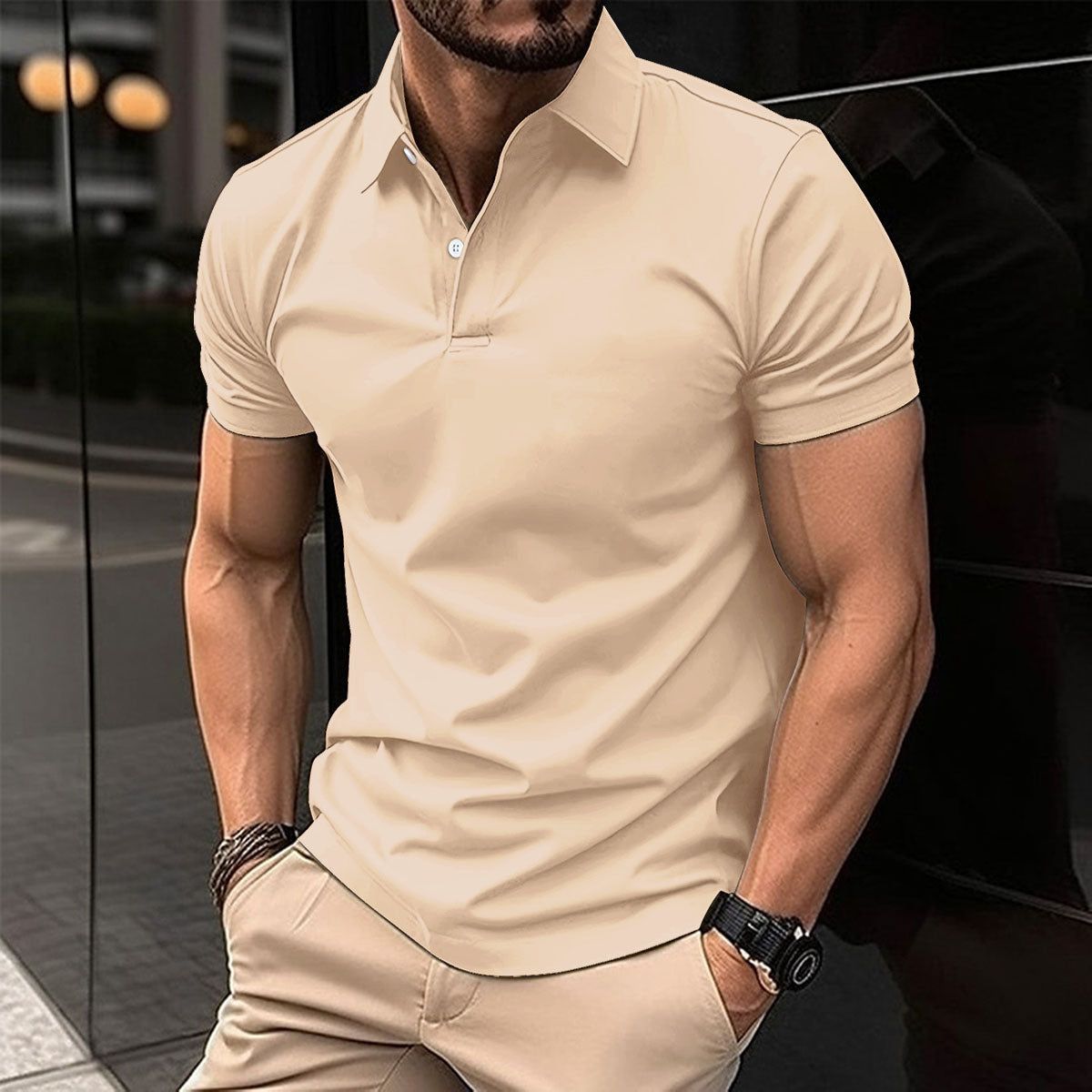 Short Sleeve Polo Shirt Men Solid Color Button Lapel Button Top