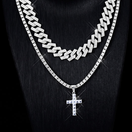 Men's Zircon Cross Pendant Cuban Chain Iced Out Paved Rhinestones Bling Necklaces