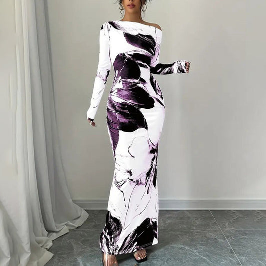 Women's Elegant Off-Shoulder Tie-Dye Floral Bodycon Dress Stretchy Season Party & Casual Dress