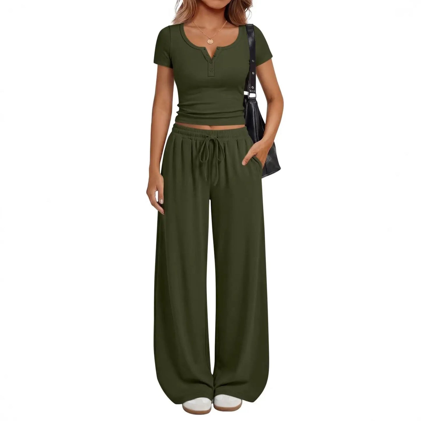 Women's Loungewear Short-Sleeve Top And Wide-Leg Pants Set by GJG Denim