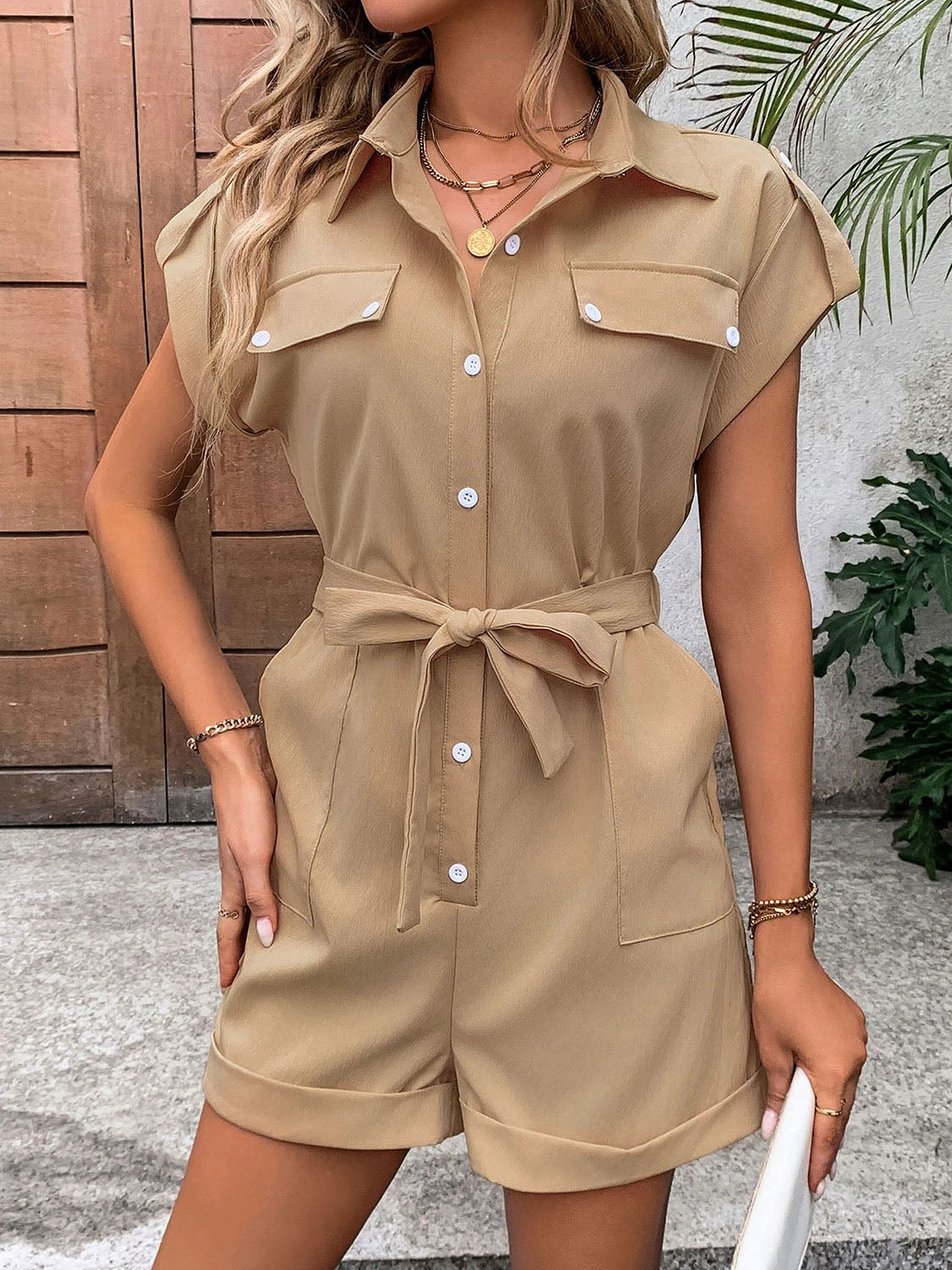 Collared Neck Tie Waist Romper with Pockets by Lady Ros