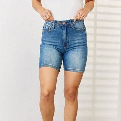 Judy Blue Full Size Tummy Control Double Button Bermuda Denim Women Shorts
