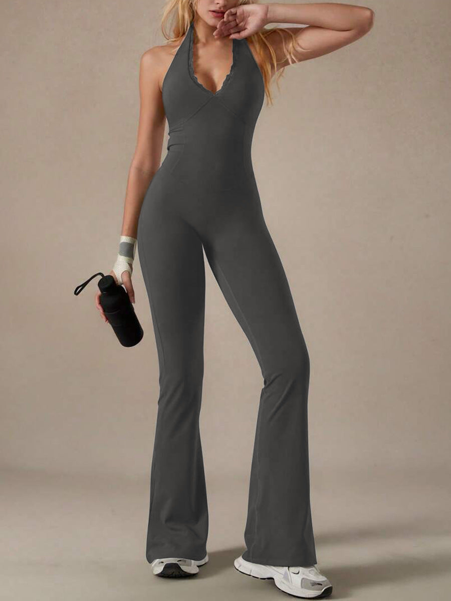 Lace Neckline Yoga Clothes Trousers Running Sports Neck-hanging Jumpsuit