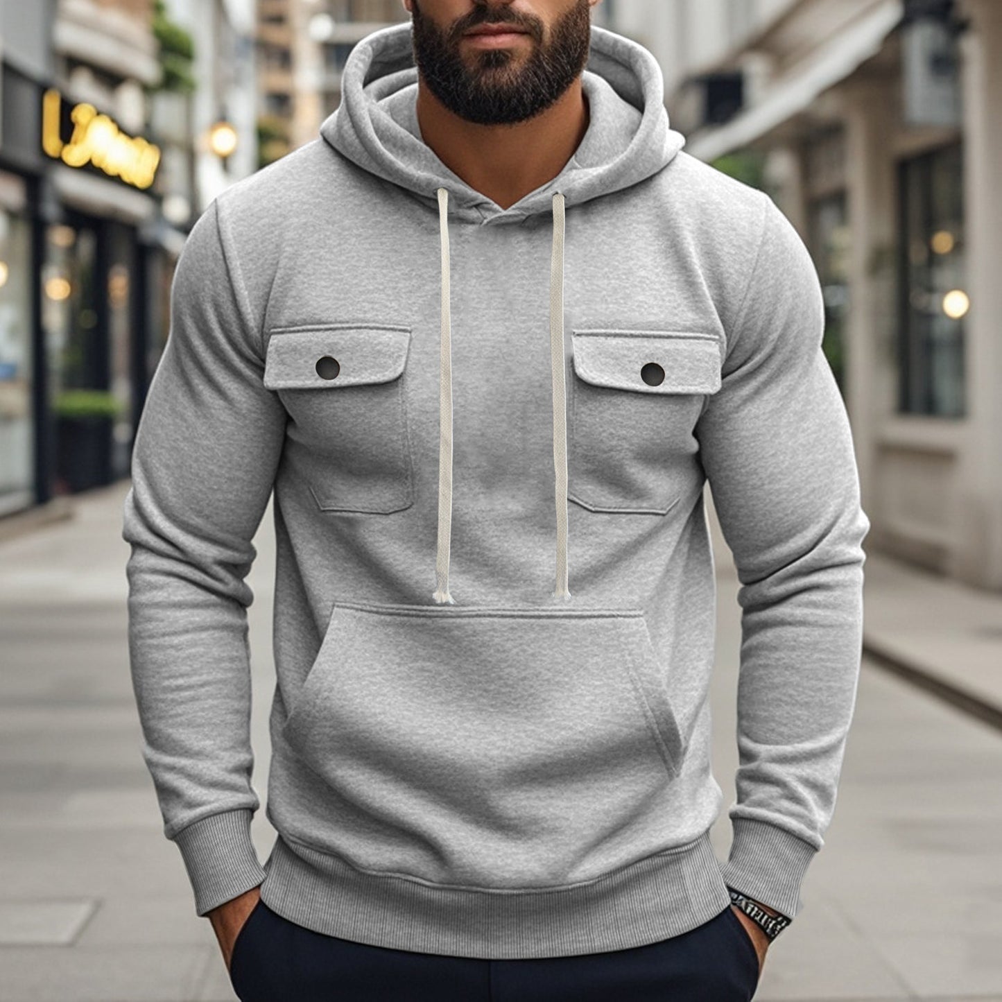 Men's  Multi-pocket Long Sleeve Solid Color Hoodies