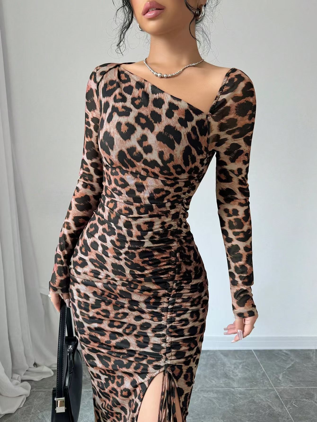 New Women's irregular V-Neck Long Sleeve Sexy Leopard Print Dress