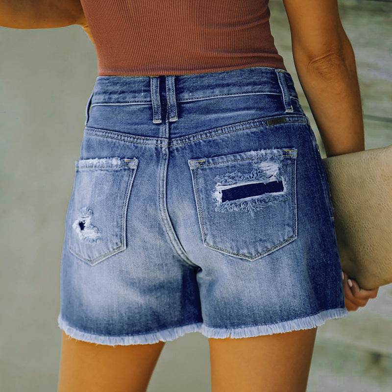 Explosive Hole Flow Patch Ladies High Stretch Denim Shorts