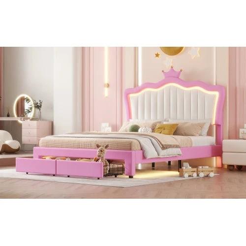 Full Size Upholstered Bed Frame With LED Lights, Modern Upholstered Princess Bed With Crown Headboard, 2 Drawers by GJG Denim