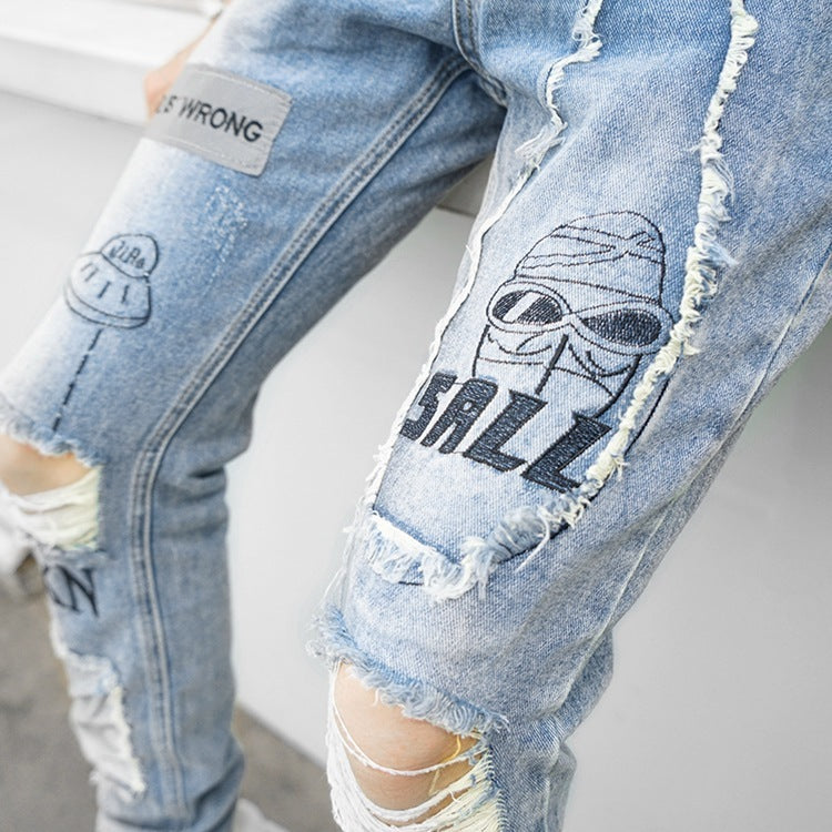 Knee Hole Patch Cloth Jeans For Men